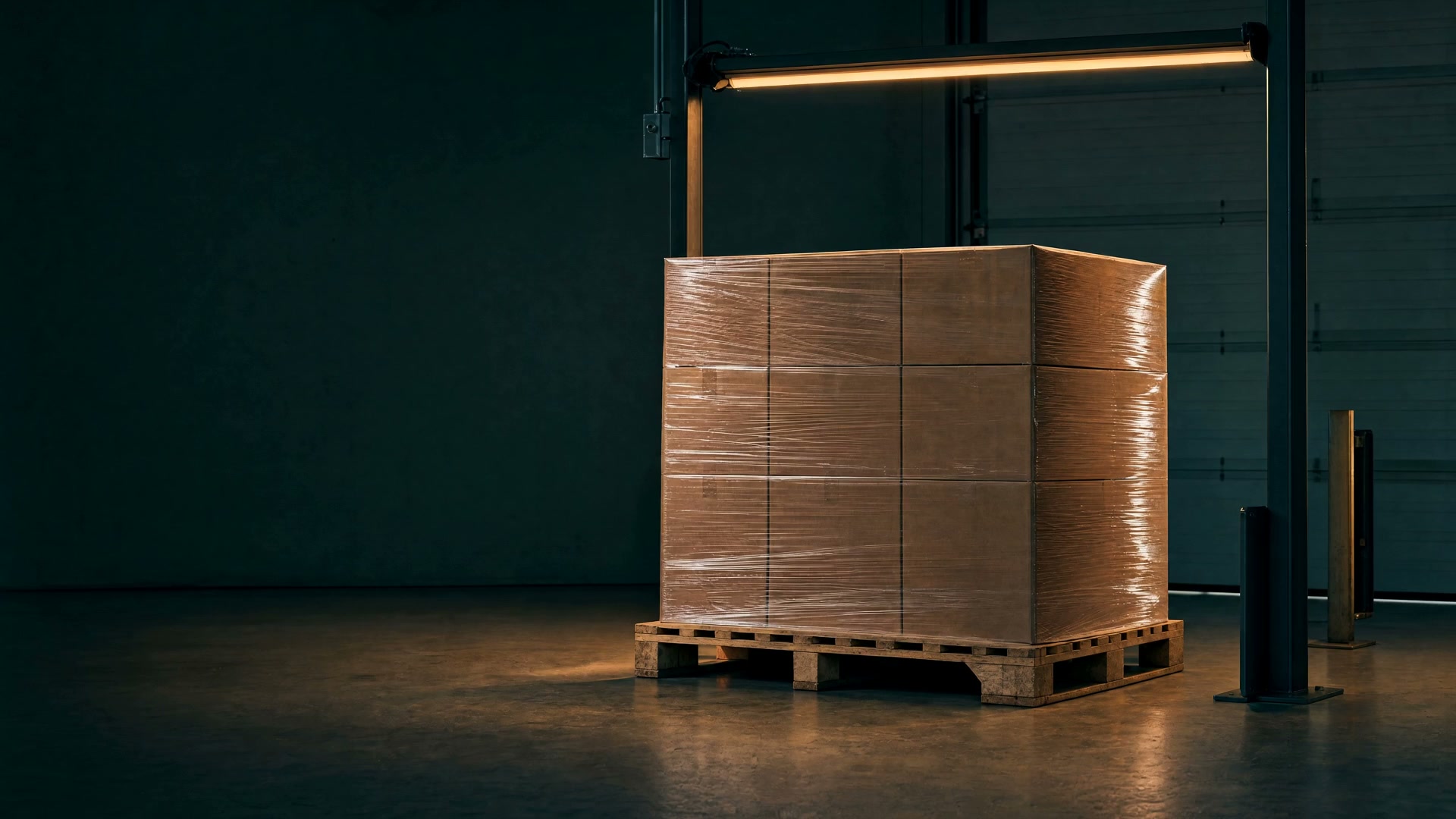 A generic shrink-wrapped pallet in a dark warehouse inspection bay